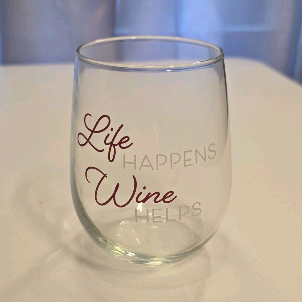 Clear Glass Stemless Wine Glass "Life Happens Wine Helps" Novelty Decor